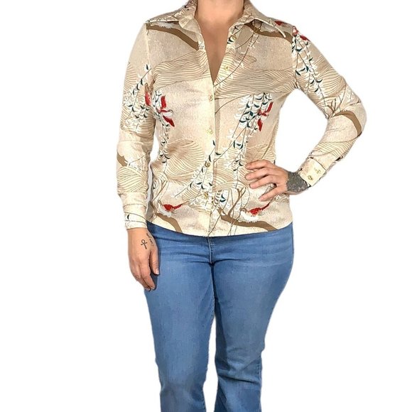 Vintage 70s Flora Fauna Print Button Up Long Sleeve Top Large - Picture 1 of 7